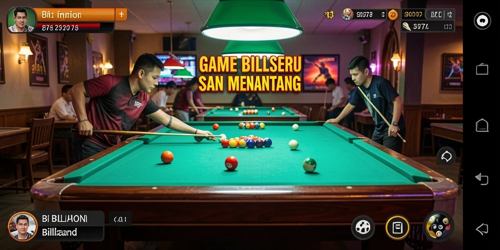 Tampilan antarmuka UH77 dengan meja billiard dan bola.